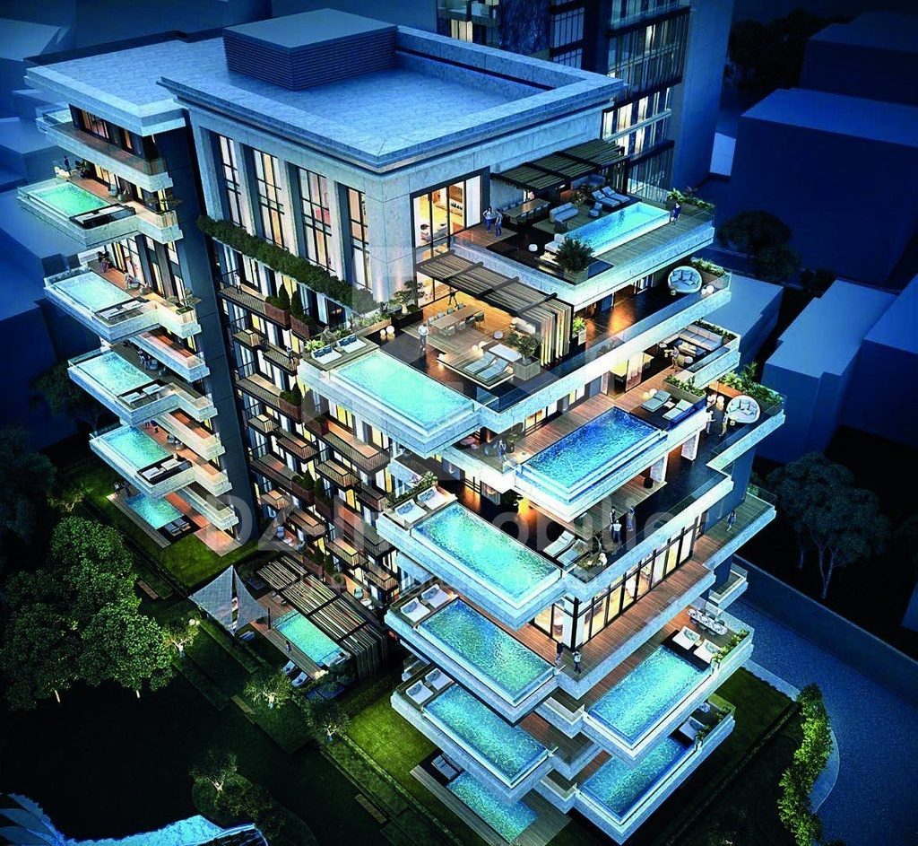 Bloc de Nişantaşı Koru avec terrasses à piscine, vue de nuit (image de synthèse)