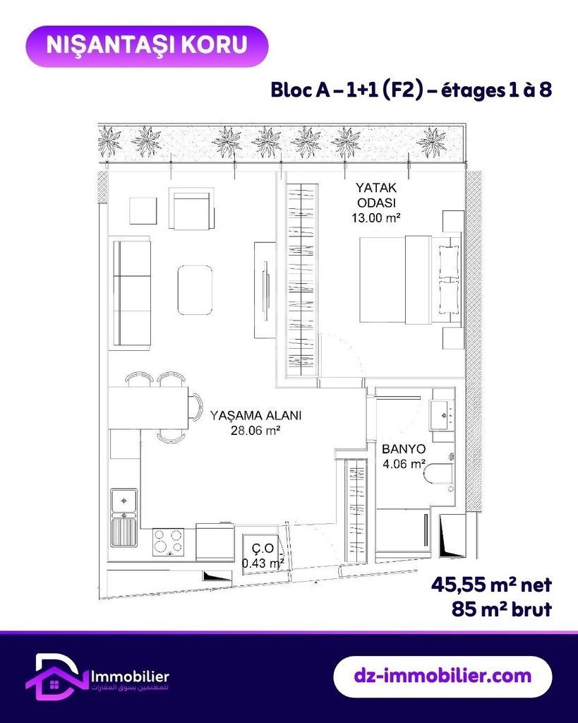 Plan de l’appartement 1+1 de 45,55 m² nets, bloc A, étages 1 à 8