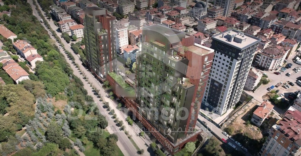 Les blocs de TOR Finance City et leur environnement vert, vue aérienne (image de synthèse)