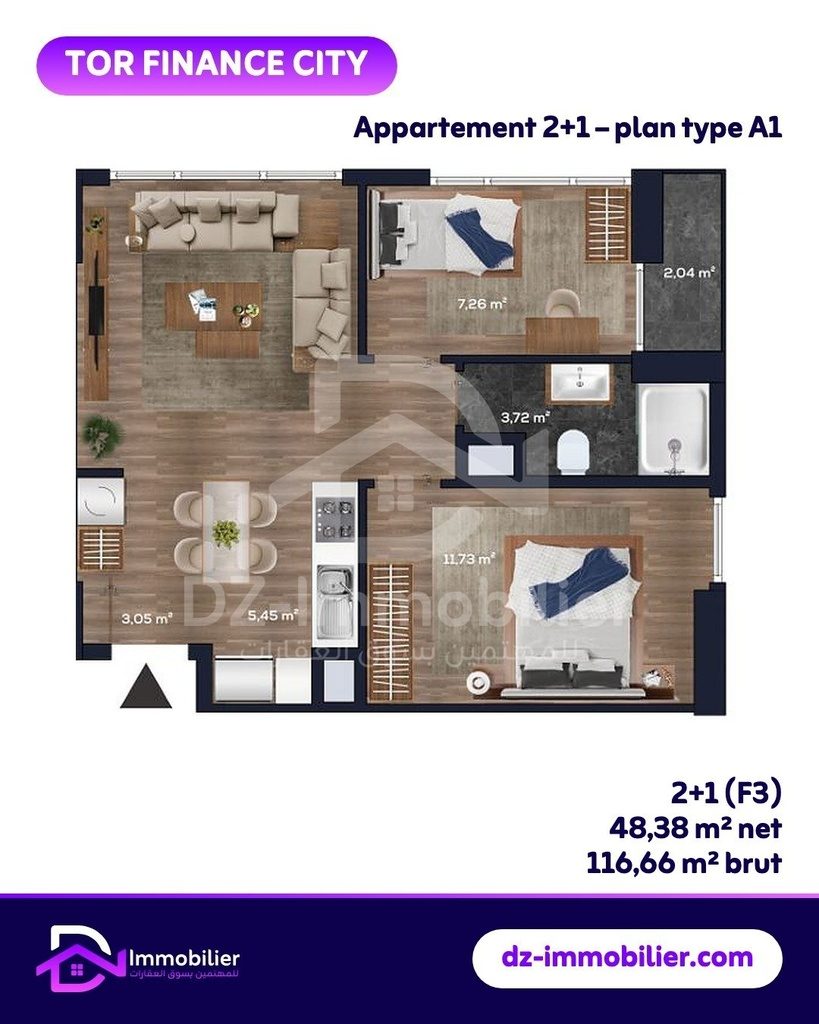 Plan de l’appartement 2+1, type A1 : 48,38 m² nets, 116,66 m² bruts