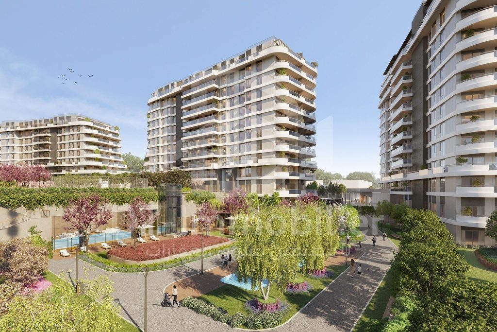 Jardin avec bassin et espaces de détente au pied des immeubles (rendu 3D)