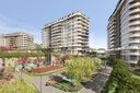 Jardin avec bassin et espaces de détente au pied des immeubles (rendu 3D)