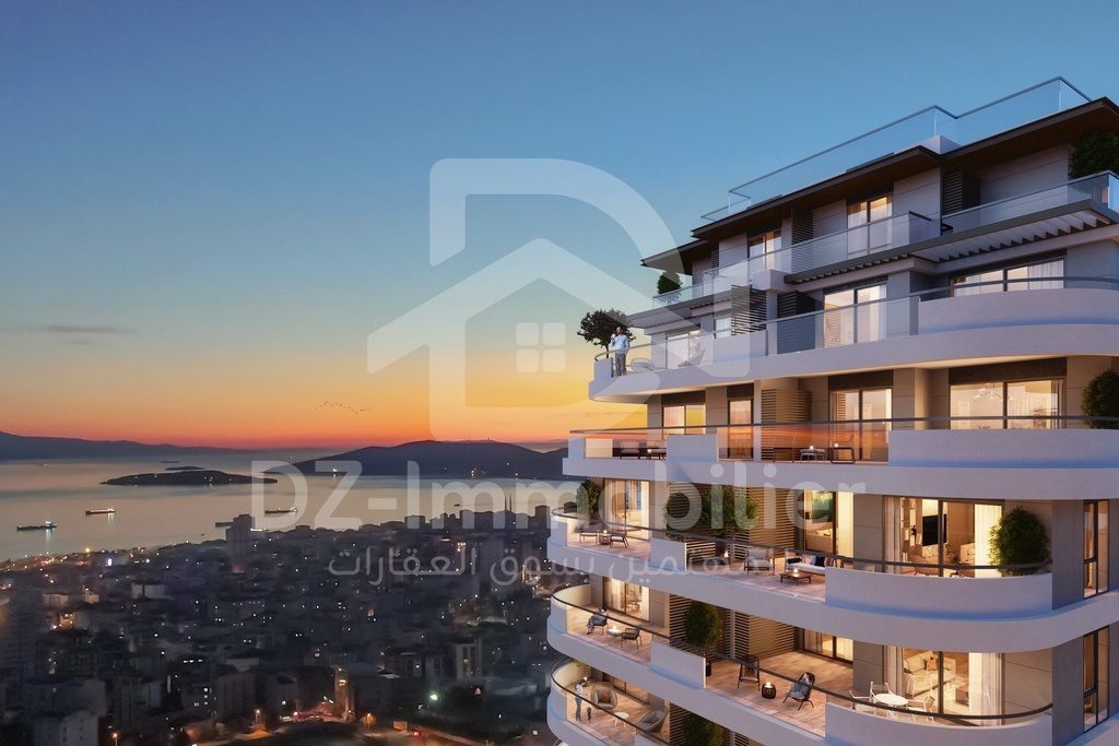 Balcons d’un immeuble au coucher du soleil (rendu 3D)