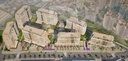 Vue aérienne des blocs du projet bordés par l’avenue (rendu 3D)
