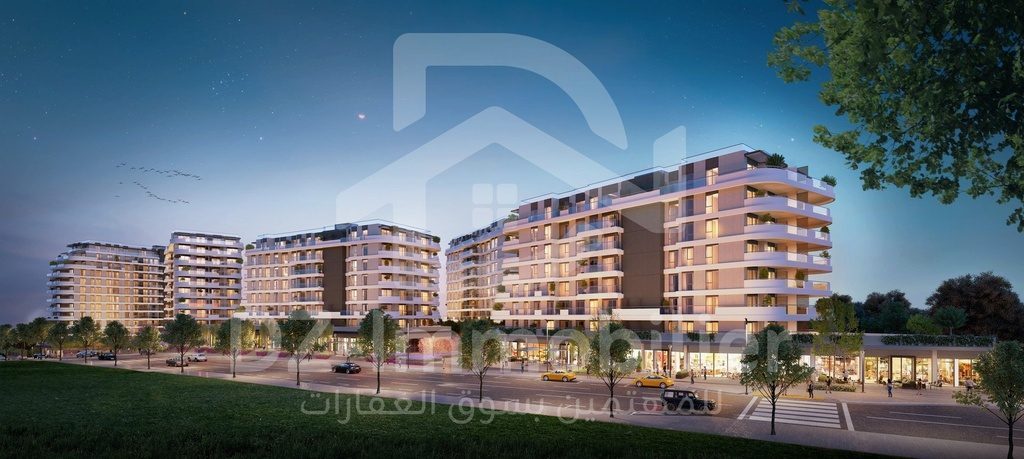 Immeubles de l’avenue commerçante éclairés au crépuscule (rendu 3D)