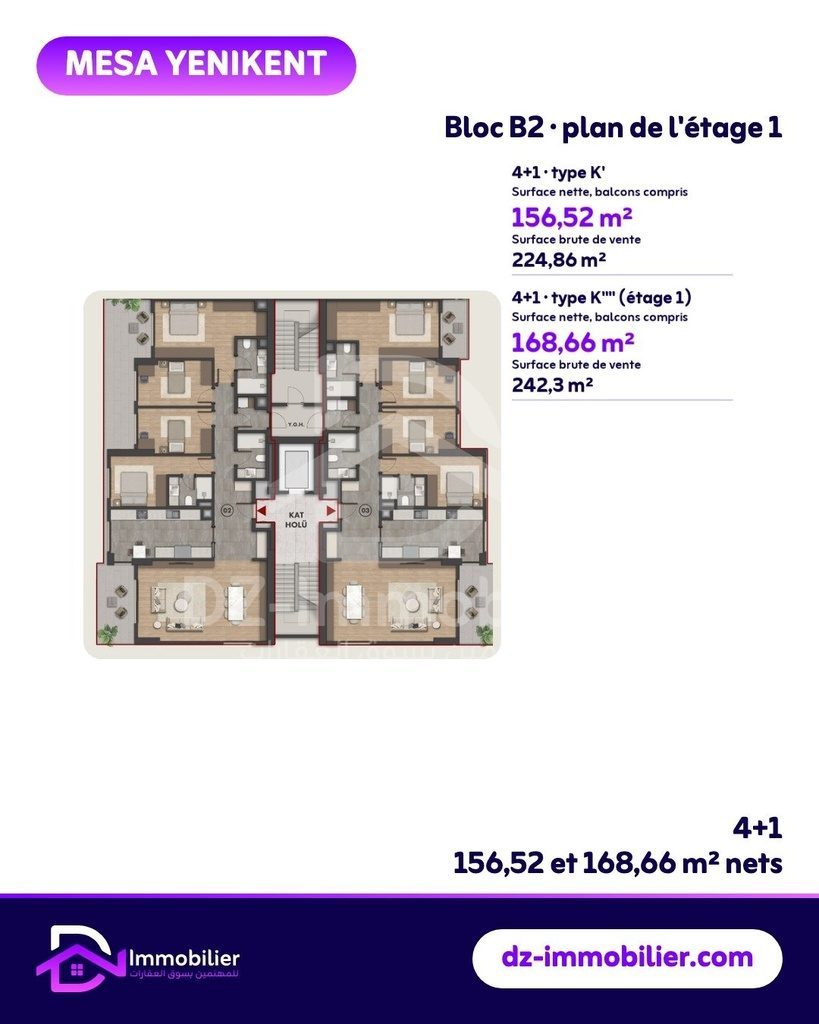 Plan de l’étage 1 du bloc B2 : appartements 4+1 de 156,52 et 168,66 m² nets (224,86 et 242,3 m² bruts de vente)