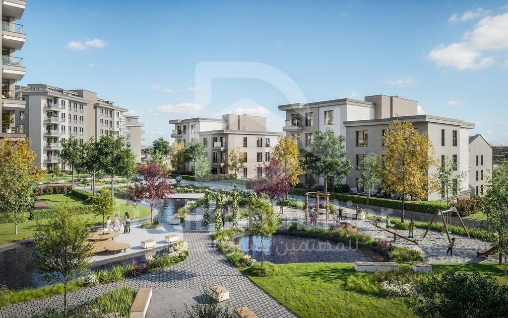 Rendu 3D : parc central avec bassin et aire de jeux