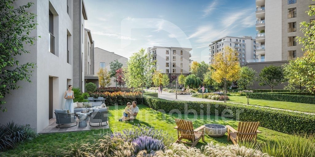Rendu 3D : jardin et terrasse au pied d’un immeuble du projet