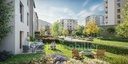 Rendu 3D : jardin et terrasse au pied d’un immeuble du projet