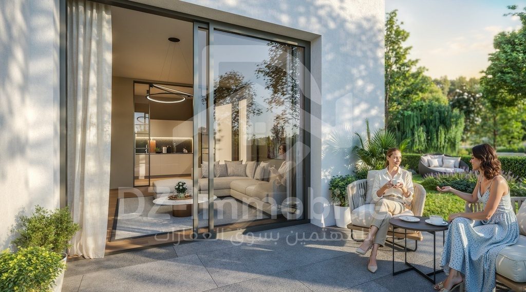 Rendu 3D : séjour prolongé par une terrasse jardin
