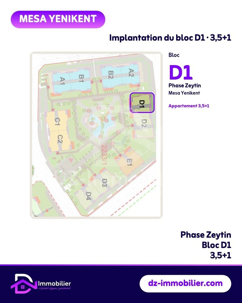 Plan de situation : implantation du bloc D1 dans la phase Zeytin de Mesa Yenikent