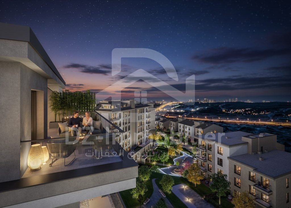 Rendu 3D : balcon à la tombée de la nuit, vue sur le quartier