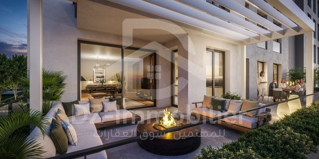 Rendu 3D : terrasse-salon avec foyer extérieur