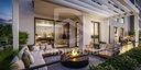 Rendu 3D : terrasse-salon avec foyer extérieur