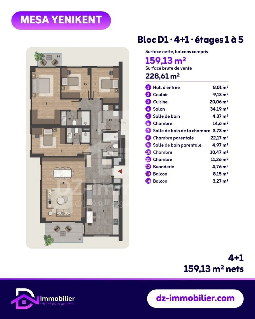 Plan de l’appartement 4+1 du bloc D1, étages 1 à 5 (159,13 m² nets ; 228,61 m² bruts de vente)