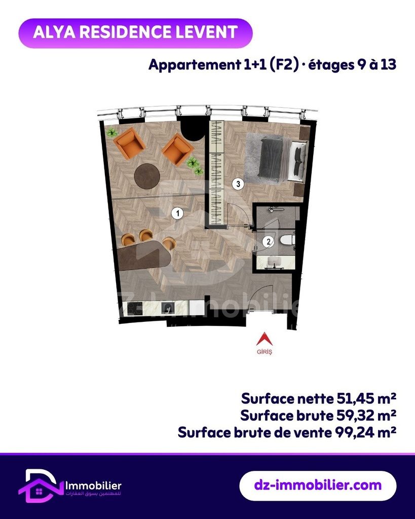 Plan de l’appartement 1+1 (F2), étages 9 à 13 : surface nette 51,45 m², brute 59,32 m², surface de la grille tarifaire 99,24 m²