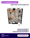 Plan de l’appartement 1+1 (F2), étages 9 à 13 : surface nette 51,45 m², brute 59,32 m², surface de la grille tarifaire 99,24 m²