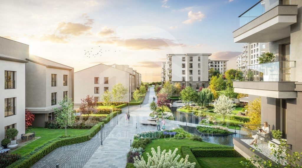 Rendu 3D : allée piétonne paysagère et plans d’eau au coucher du soleil