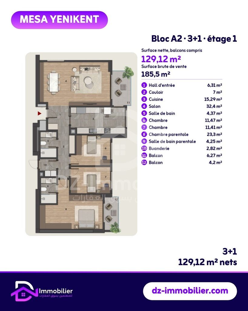 Plan de l’appartement 3+1 du bloc A2, étage 1 (129,12 m² nets ; 185,5 m² bruts de vente)