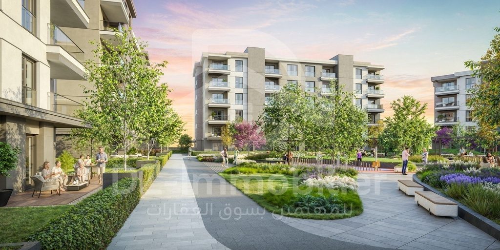 Rendu 3D de la phase Zeytin : allée piétonne bordée de jardins au crépuscule