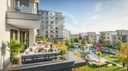 Rendu 3D : terrasse aménagée donnant sur le parc