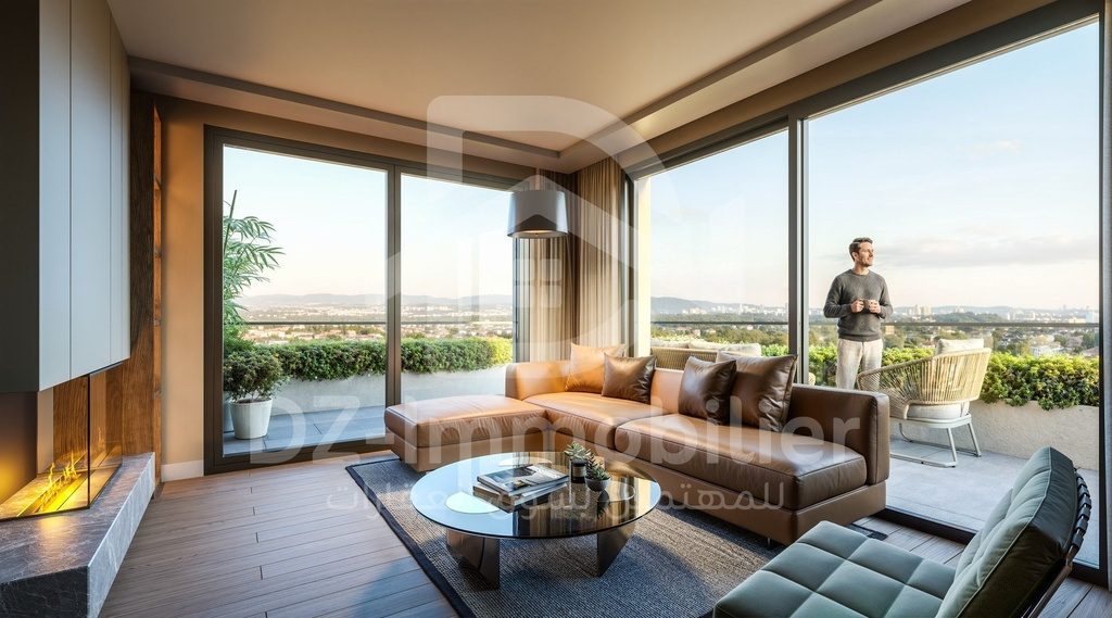 Rendu 3D : séjour ouvert sur une terrasse avec vue dégagée