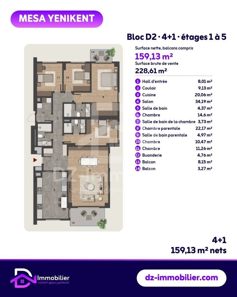 Plan de l’appartement 4+1 du bloc D2, étages 1 à 5 (159,13 m² nets ; 228,61 m² bruts de vente)