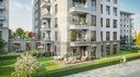 Rendu 3D : façade d’un immeuble et son jardin