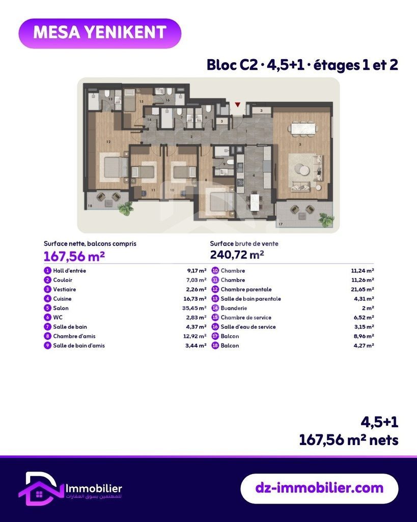 Plan de l’appartement 4,5+1 du bloc C2, étages 1 et 2 (167,56 m² nets ; 240,72 m² bruts de vente)