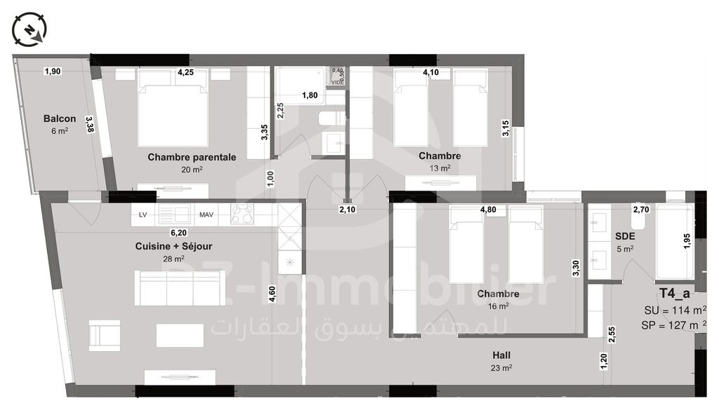 Plan coté de l'appartement F4 de 114 m² (type T4a) : pièces, cotes et surfaces