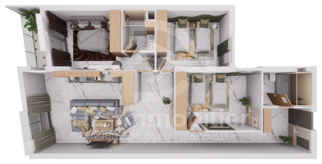 Vue 3D meublée de l'appartement F4 de 114 m² (type T4a), vue de dessus