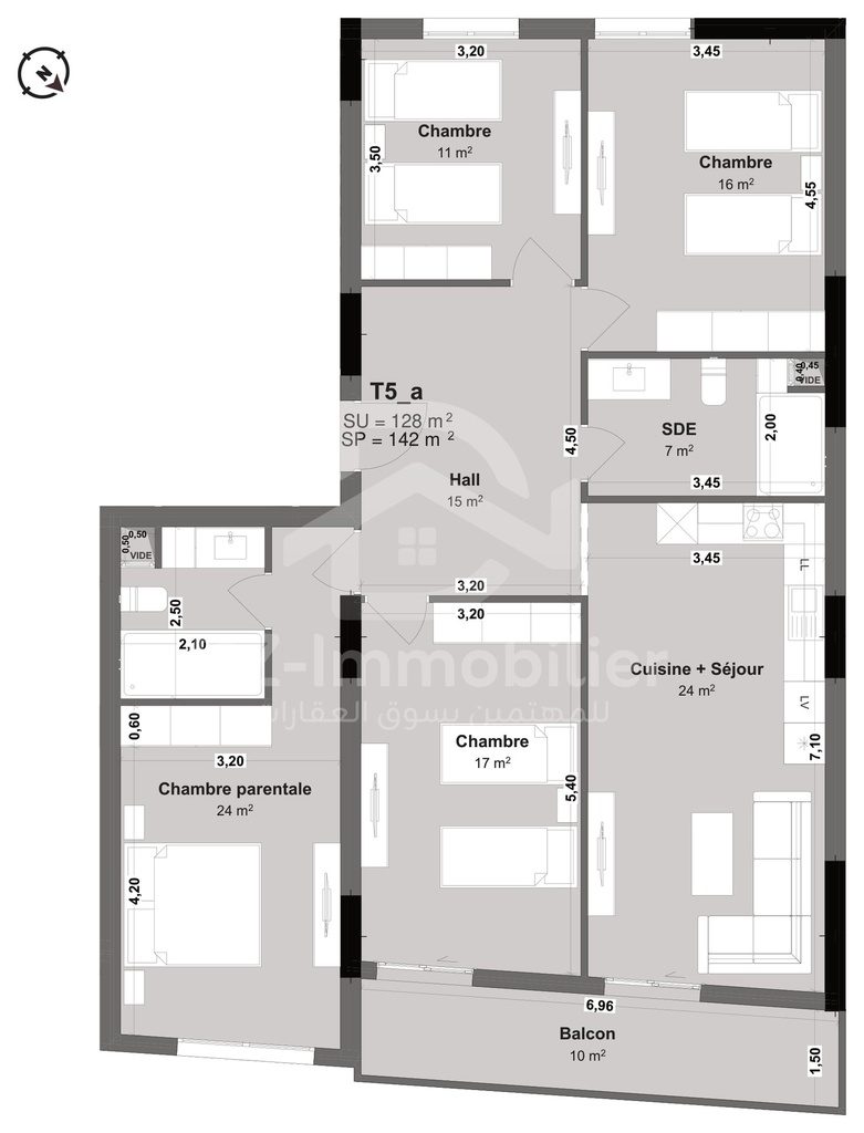 Plan coté de l'appartement F5 de 128 m² (type T5a) : pièces, cotes et surfaces