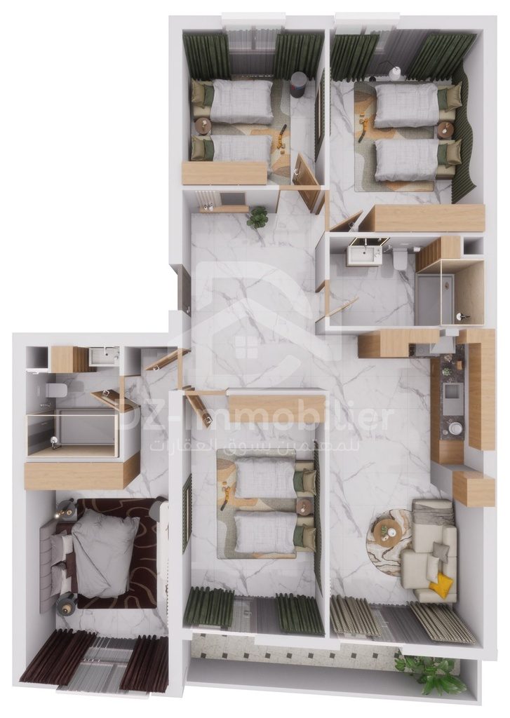 Vue 3D meublée de l'appartement F5 de 128 m² (type T5a), vue de dessus
