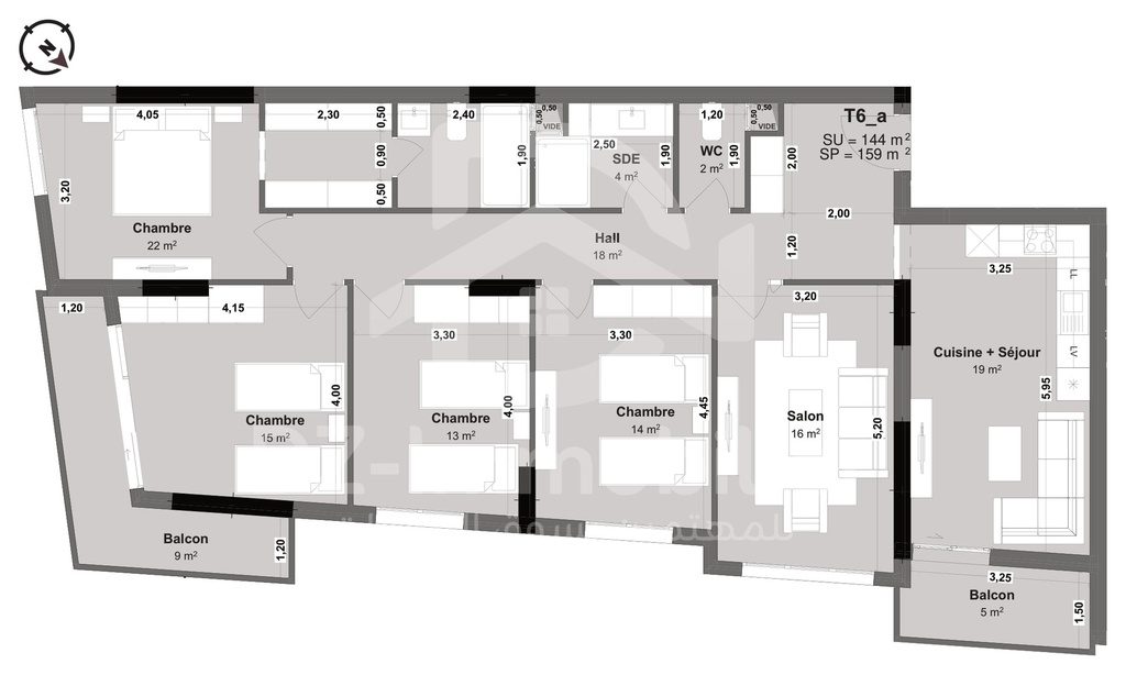 Plan coté de l'appartement F6 de 144 m² (type T6a) : pièces, cotes et surfaces