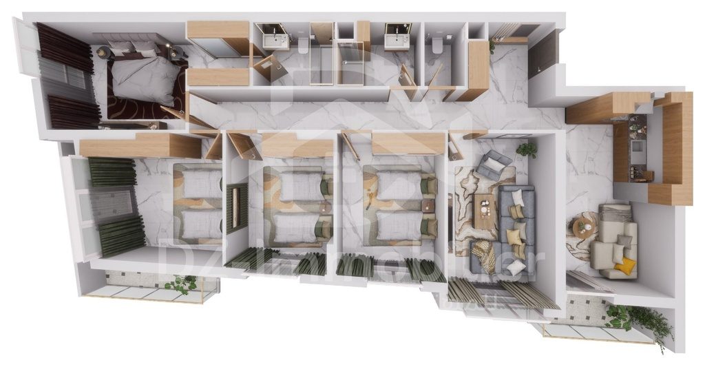 Vue 3D meublée de l'appartement F6 de 144 m² (type T6a), vue de dessus
