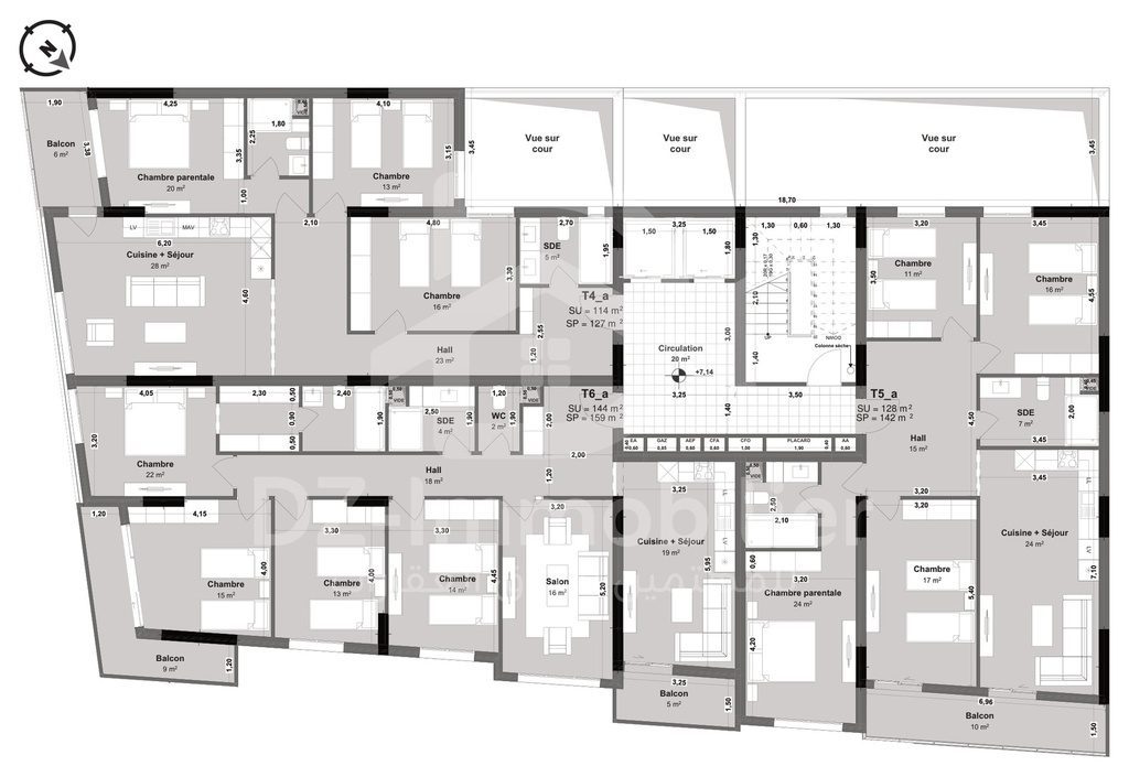 Plan de l'étage courant (étages 2 à 12) avec les quatre types d'appartements