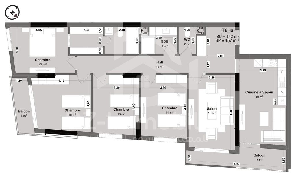 Plan coté de l'appartement F6 de 143 m² (type T6b) : pièces, cotes et surfaces
