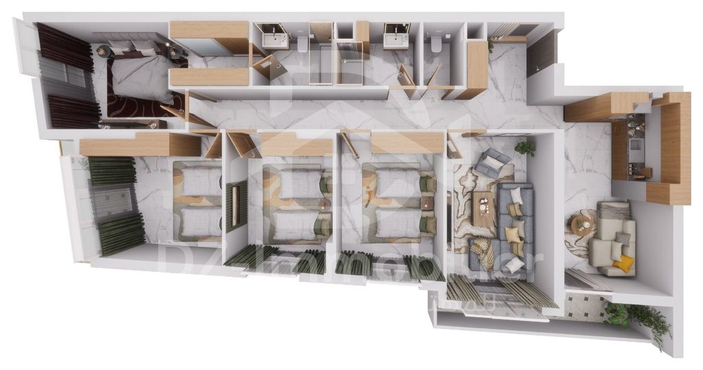 Vue 3D meublée de l'appartement F6 de 143 m² (type T6b), vue de dessus