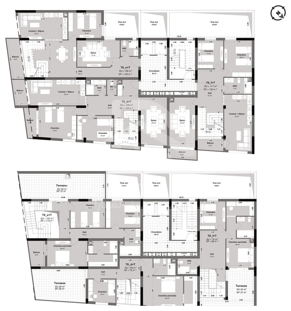 Plans des niveaux 13 et 14 (duplex) avec les trois types de duplex