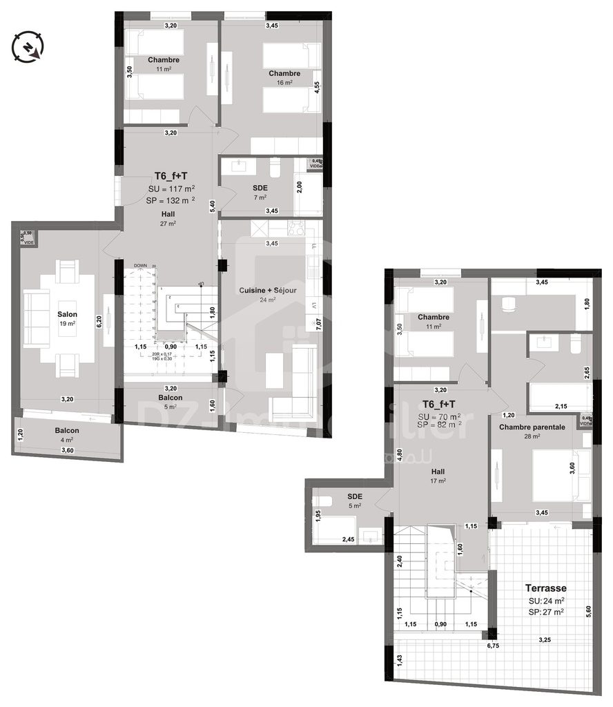 Plan coté du duplex F6 de 187 m² (type T6f+T) : les deux niveaux