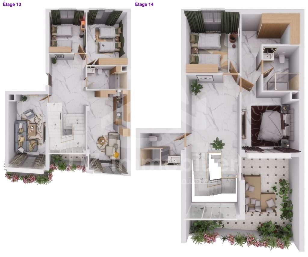 Vue 3D meublée du duplex F6 de 187 m² (type T6f+T), niveaux 13 et 14, vue de dessus