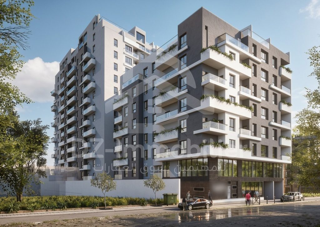 Rendu 3D de la résidence : façades et balcons végétalisés vus depuis la rue