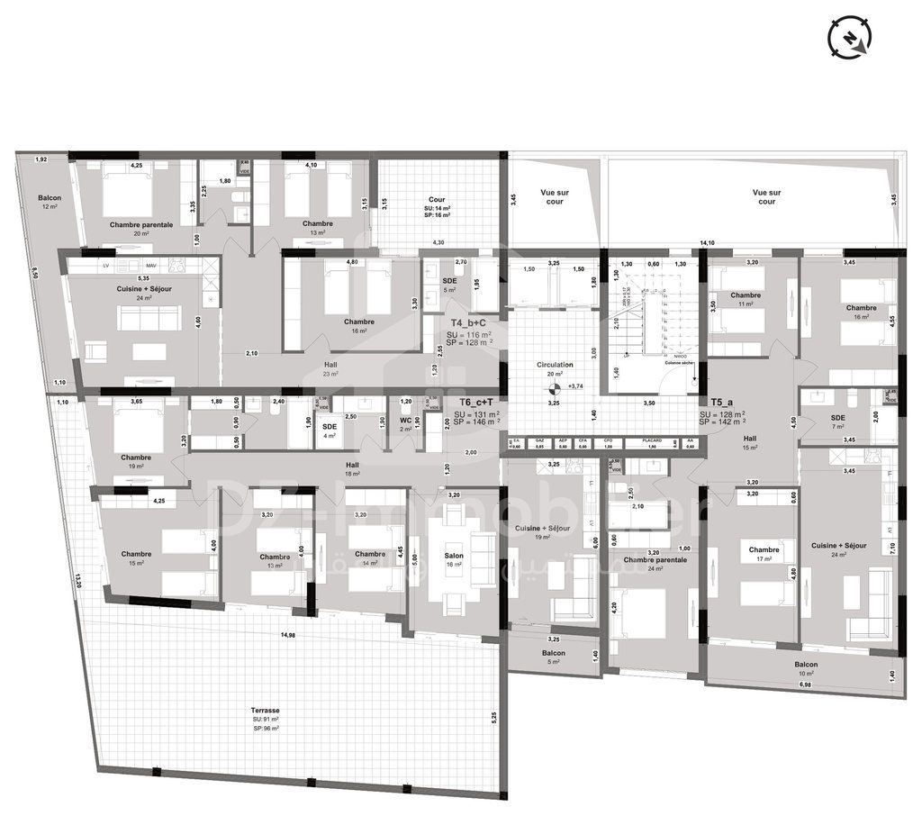 Plan du 1er étage avec les trois types d'appartements