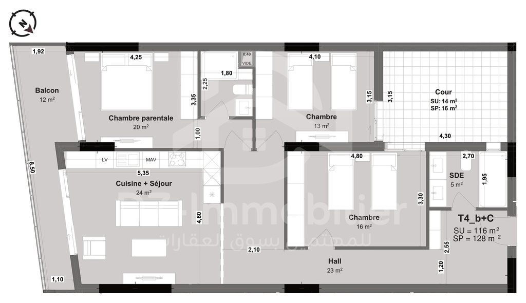 Plan coté de l'appartement F4 de 116 m² (type T4b+C) : pièces, cotes et surfaces