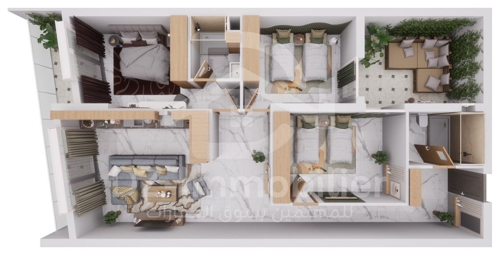 Vue 3D meublée de l'appartement F4 de 116 m² (type T4b+C), vue de dessus