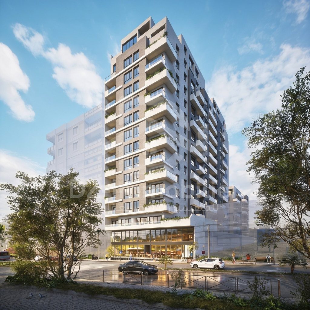 Rendu 3D de la résidence vue de la rue : tour d'appartements en plein jour