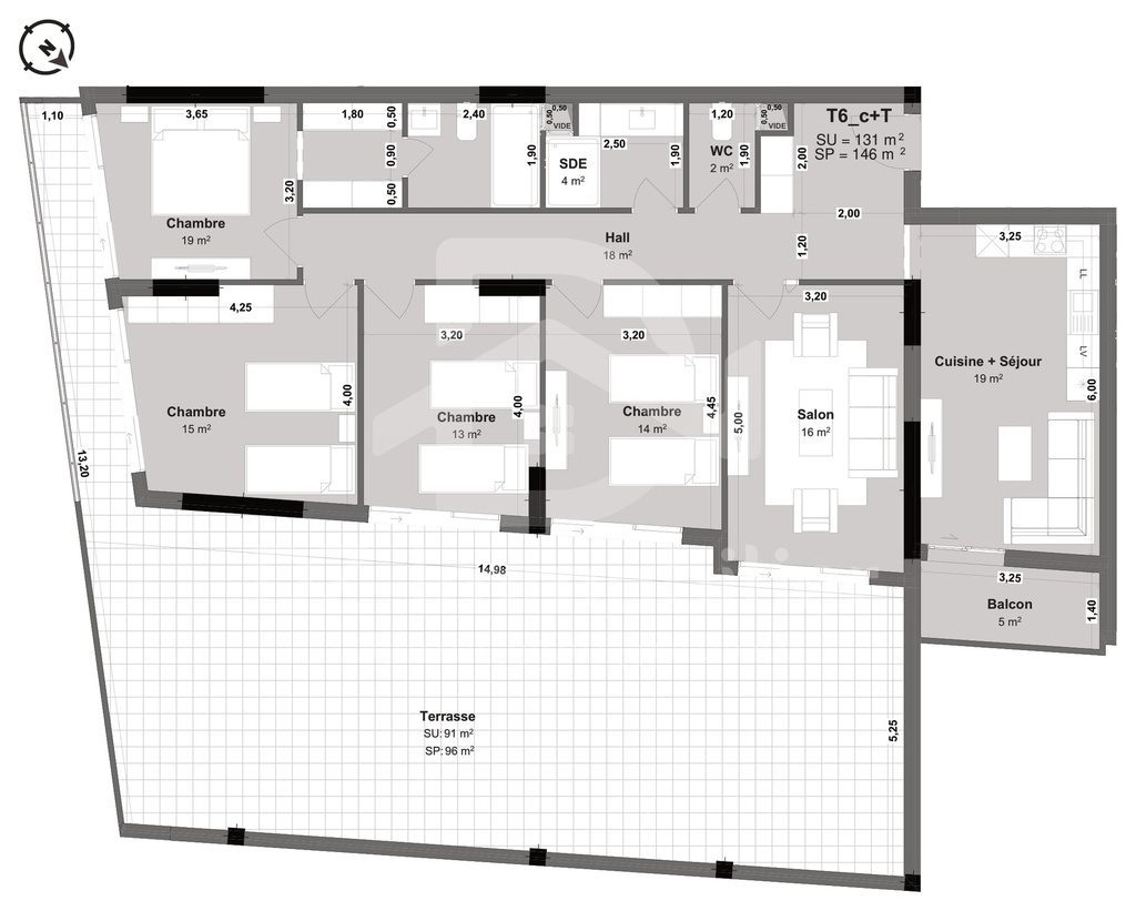 Plan coté de l'appartement F6 de 131 m² (type T6c+T) : pièces, cotes et surfaces