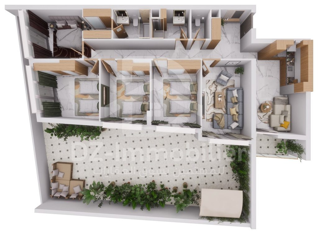 Vue 3D meublée de l'appartement F6 de 131 m² (type T6c+T), vue de dessus