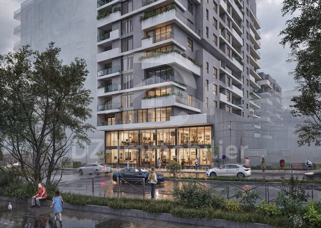 Rendu 3D de la résidence au crépuscule : rez-de-chaussée éclairé et rue mouillée