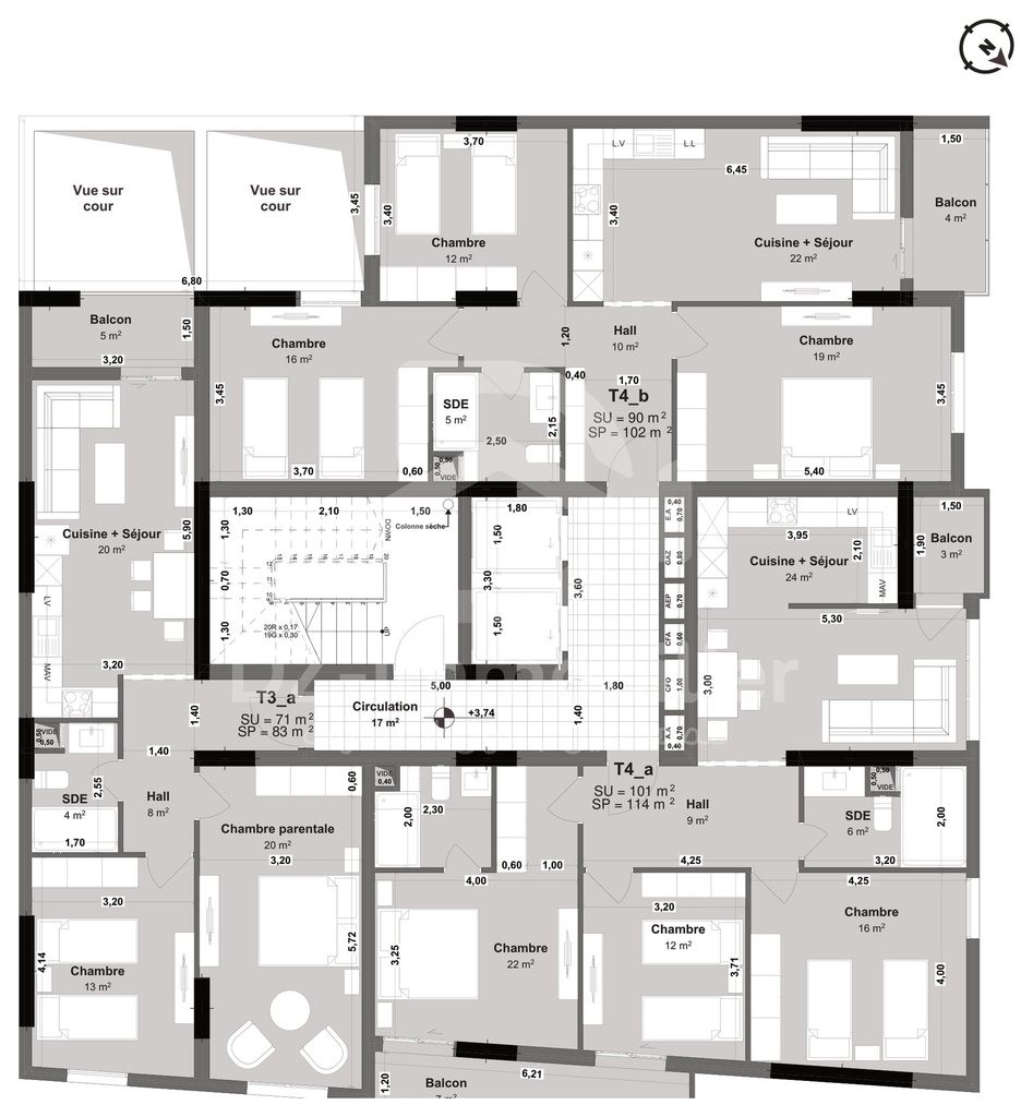 Plan des étages 1 à 12 du bloc B avec les types T3a, T4a, T4b et T4c